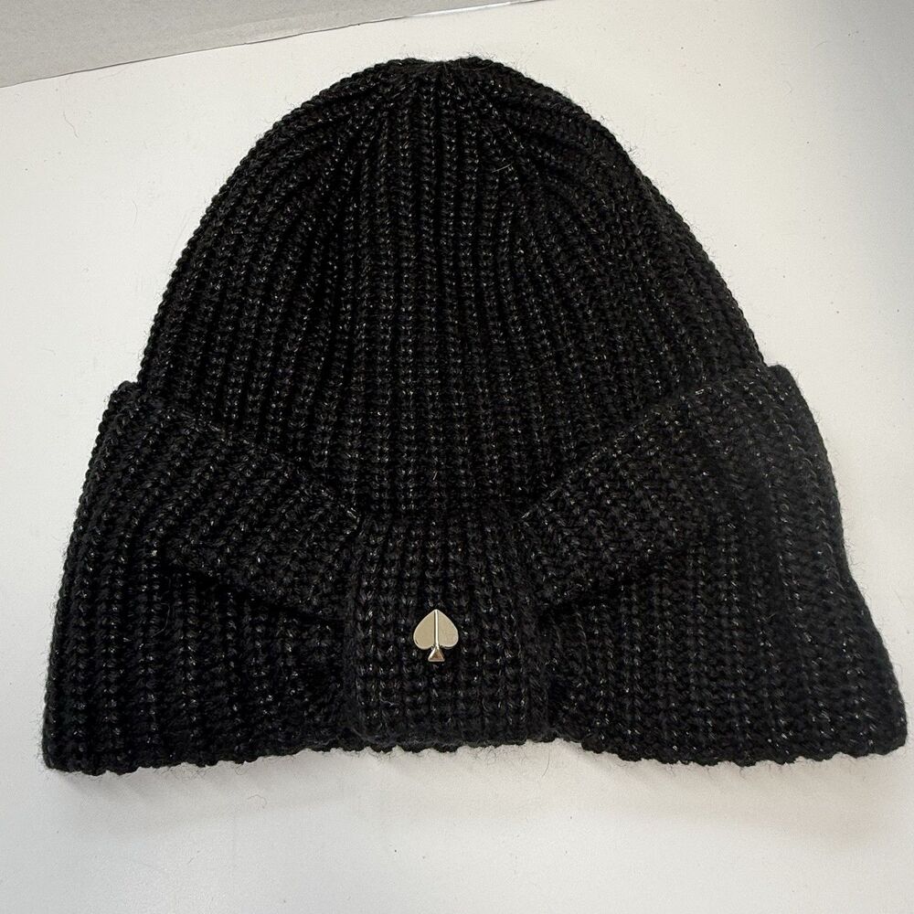 Kate Spade Metallic Black Ribbed Beanie Hat With Silver Metal Spade Logo
